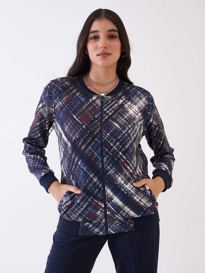 Gio-Navy Geometric Bomber Jacket - Multicolor