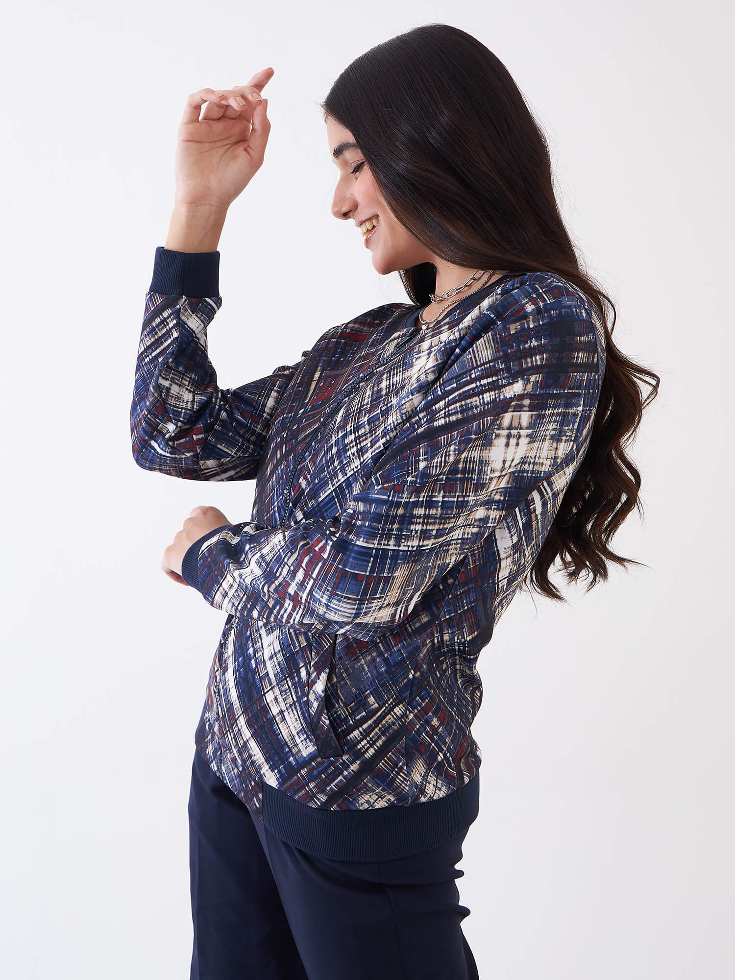 Gio-Navy Geometric Bomber Jacket - Multicolor