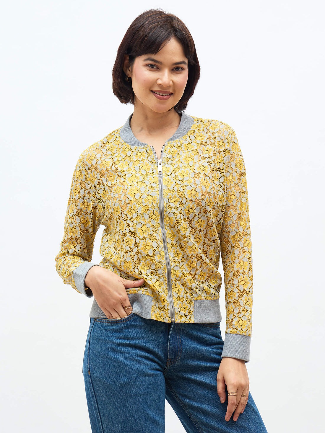 Freya Lace Bomber Jacket - Yellow