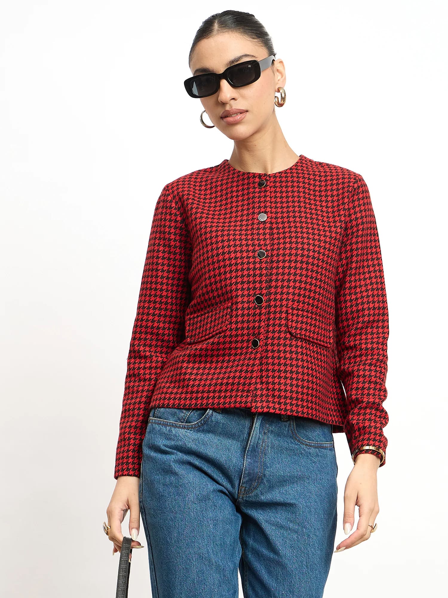 Susie Button Down Short Jacket -Black & Red