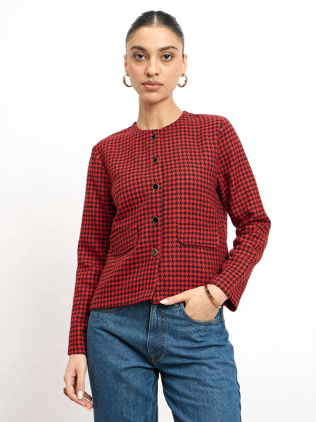 Susie Button Down Short Jacket -Black &amp; Red