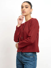 Susie Button Down Short Jacket -Black & Red