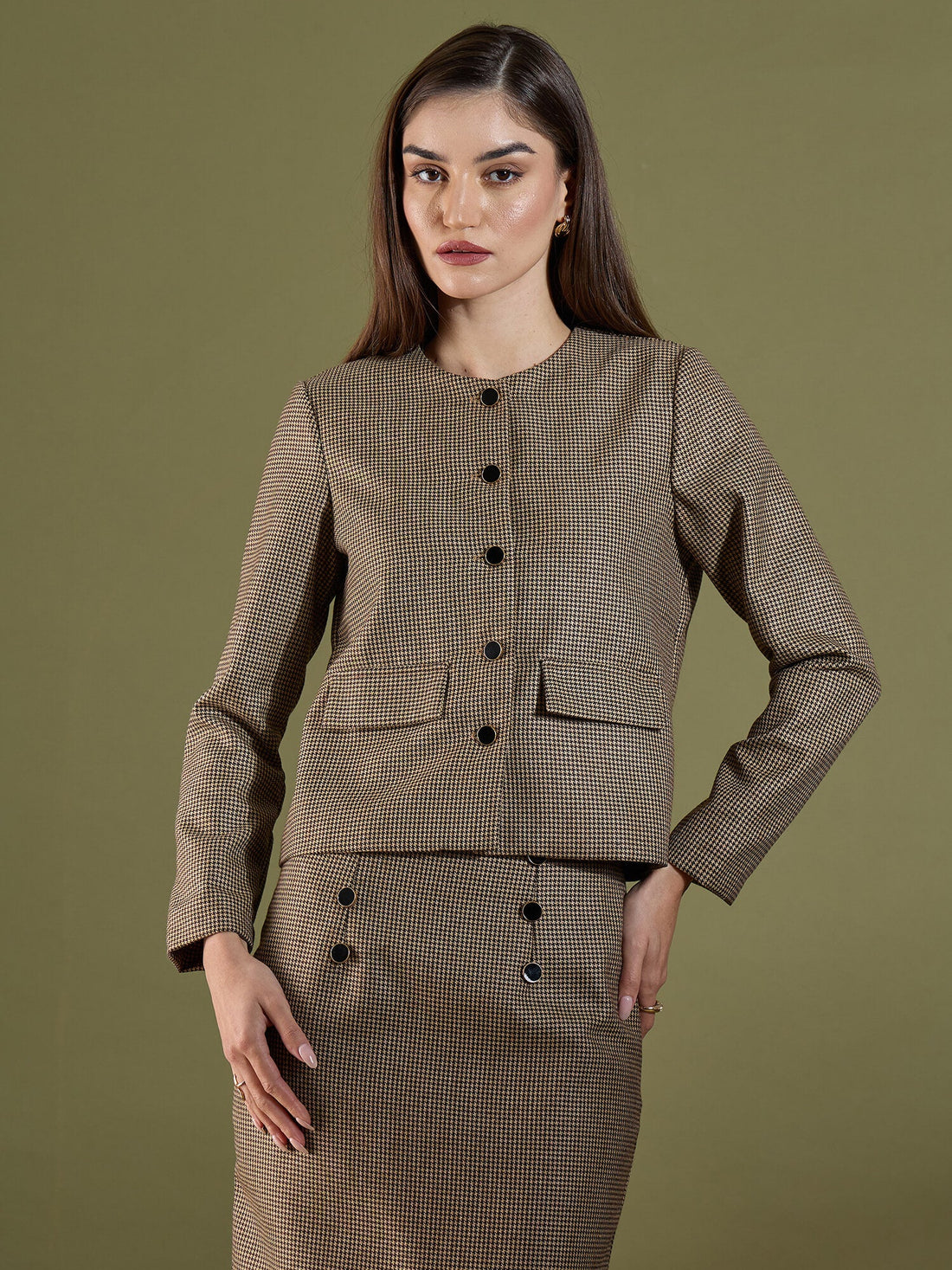 Susie Button Down Short Jacket-Beige &amp; Brown