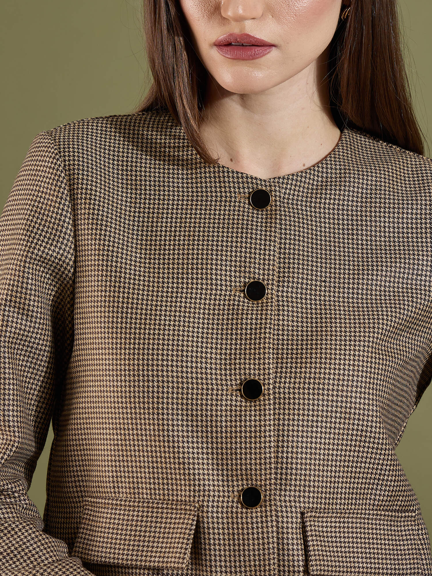 Susie Button Down Short Jacket-Beige &amp; Brown