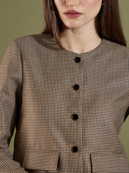 Susie Button Down Short Jacket-Beige &amp; Brown
