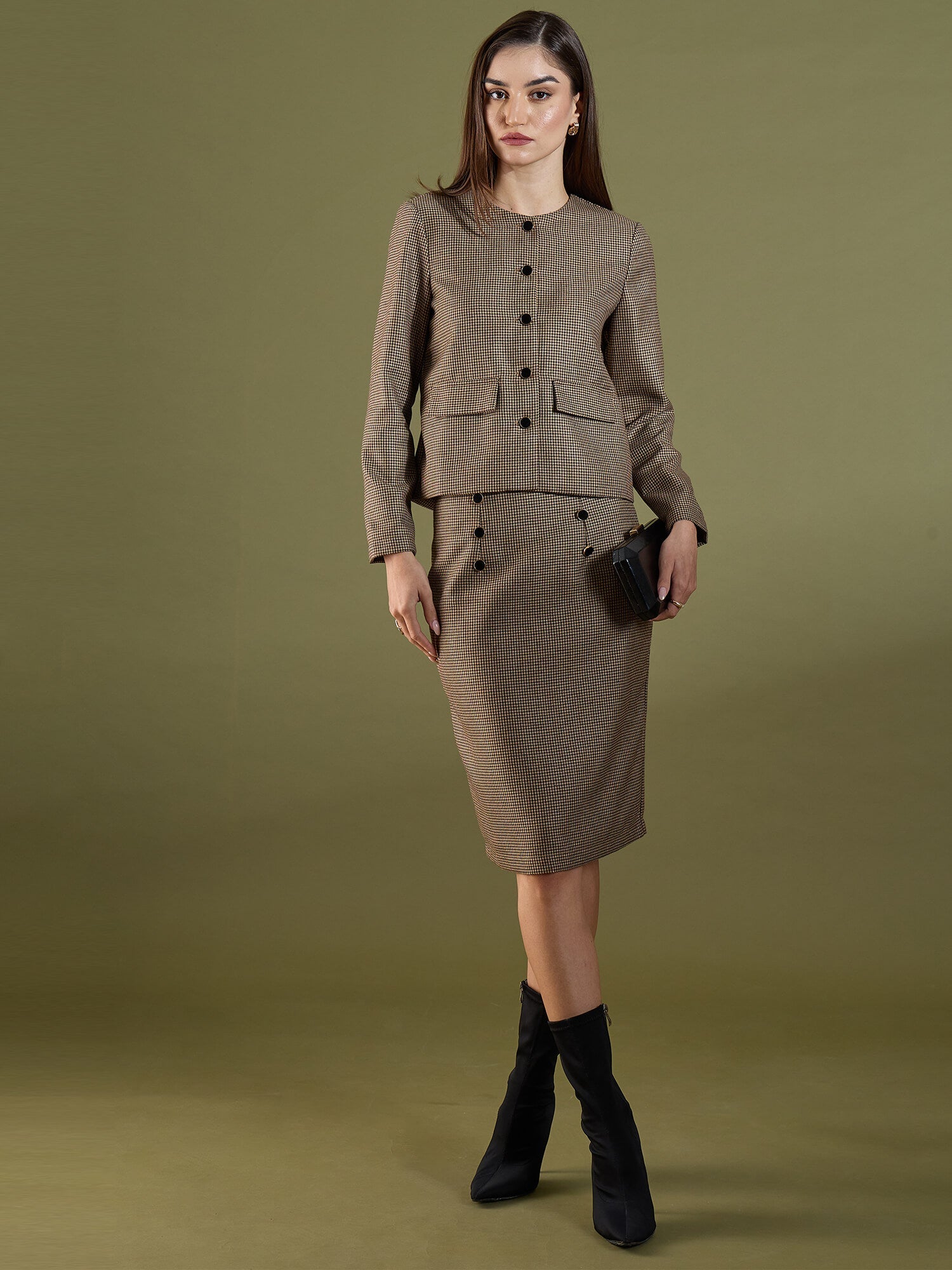 Susie Button Down Short Jacket-Beige &amp; Brown