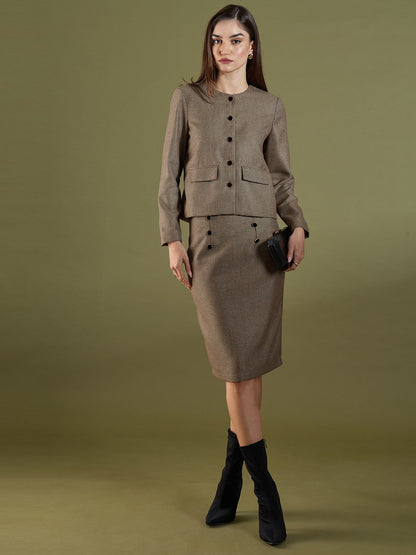 Susie Button Down Short Jacket-Beige &amp; Brown