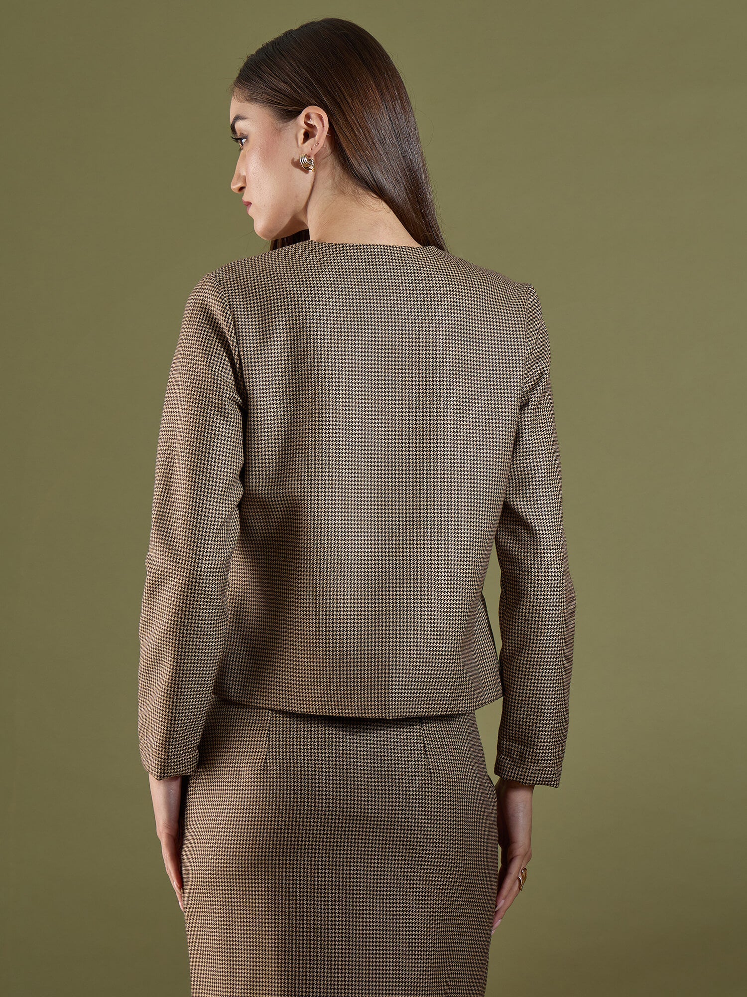 Susie Button Down Short Jacket-Beige &amp; Brown