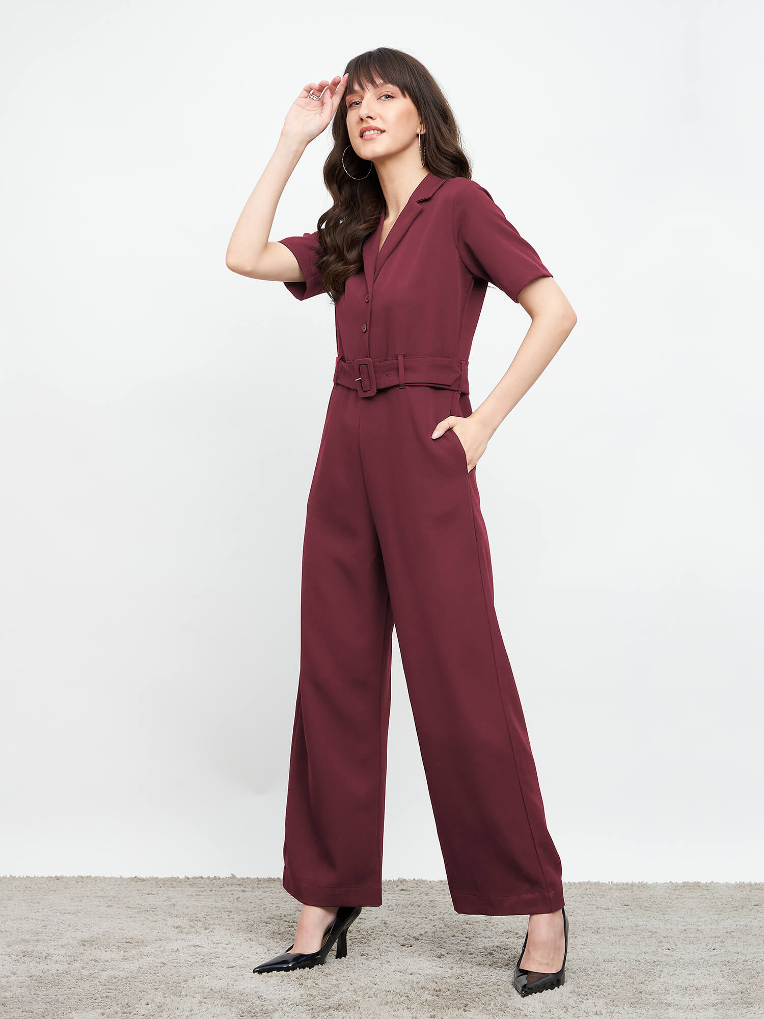 Nightfall Notch Collar Jumpsuit - Wine