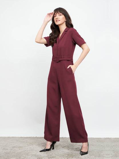 Nightfall Notch Collar Jumpsuit - Wine