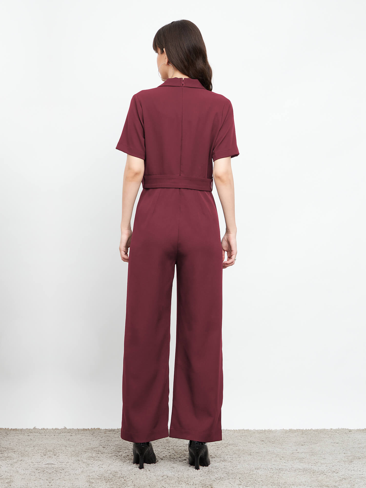 Nightfall Notch Collar Jumpsuit - Wine