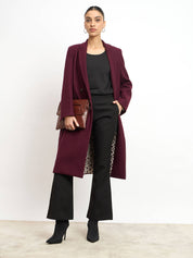 Nevara Double Breasted Longline Belted Coat - Wine