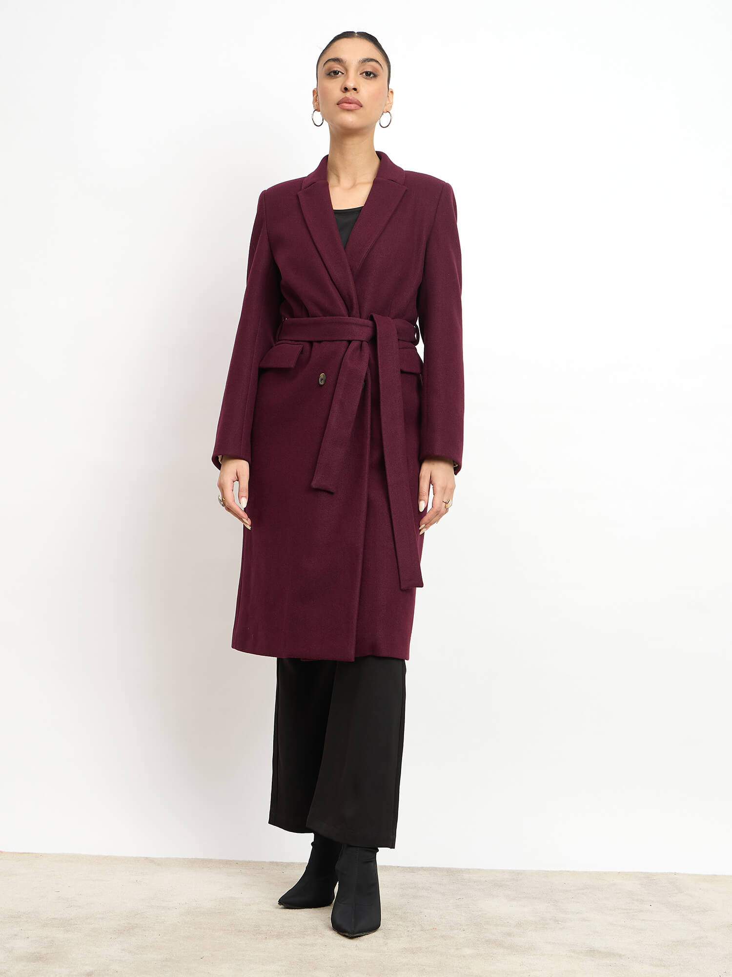 Nevara Double Breasted Longline Belted Coat - Wine