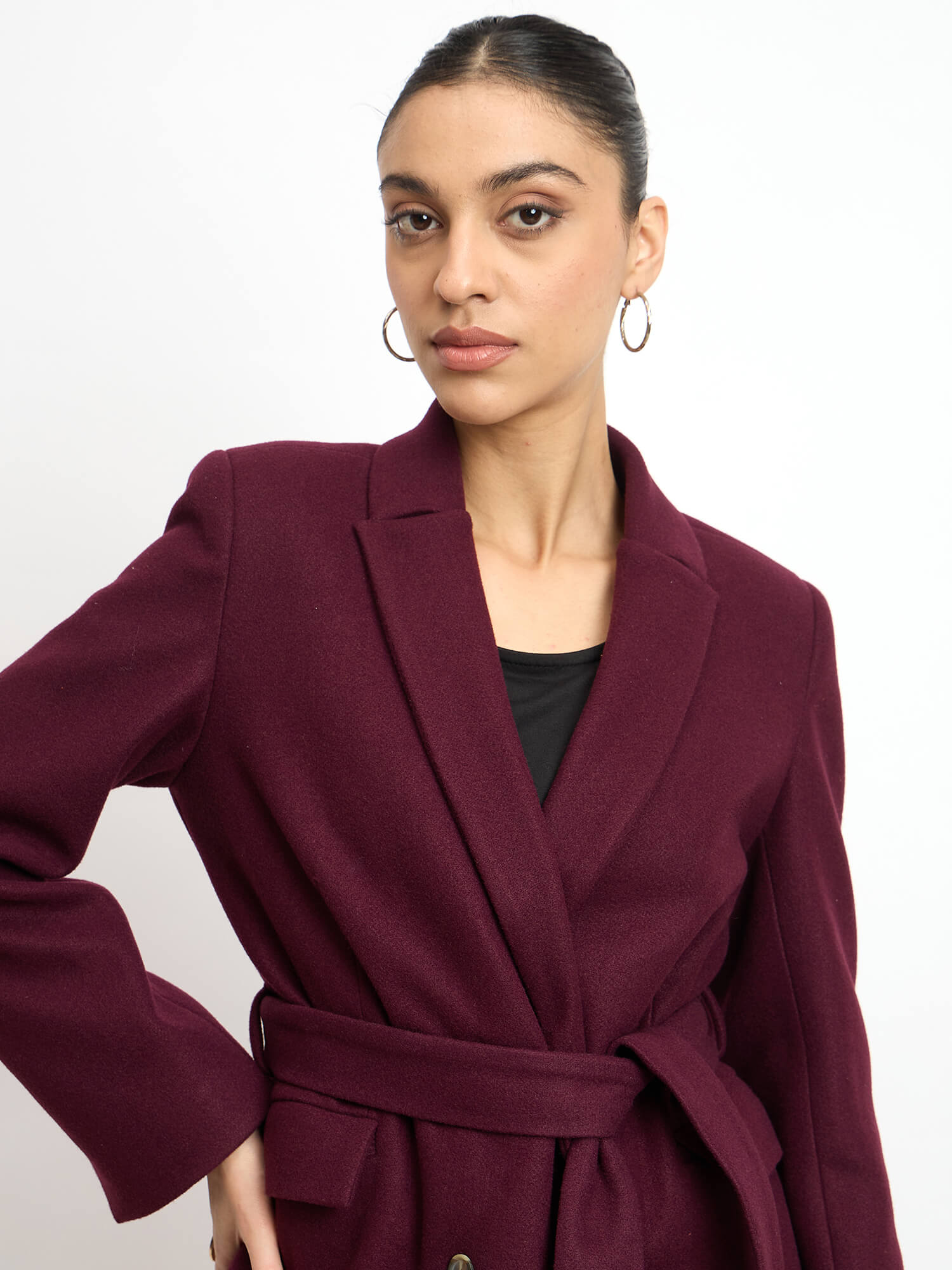 Nevara Double Breasted Longline Belted Coat - Wine