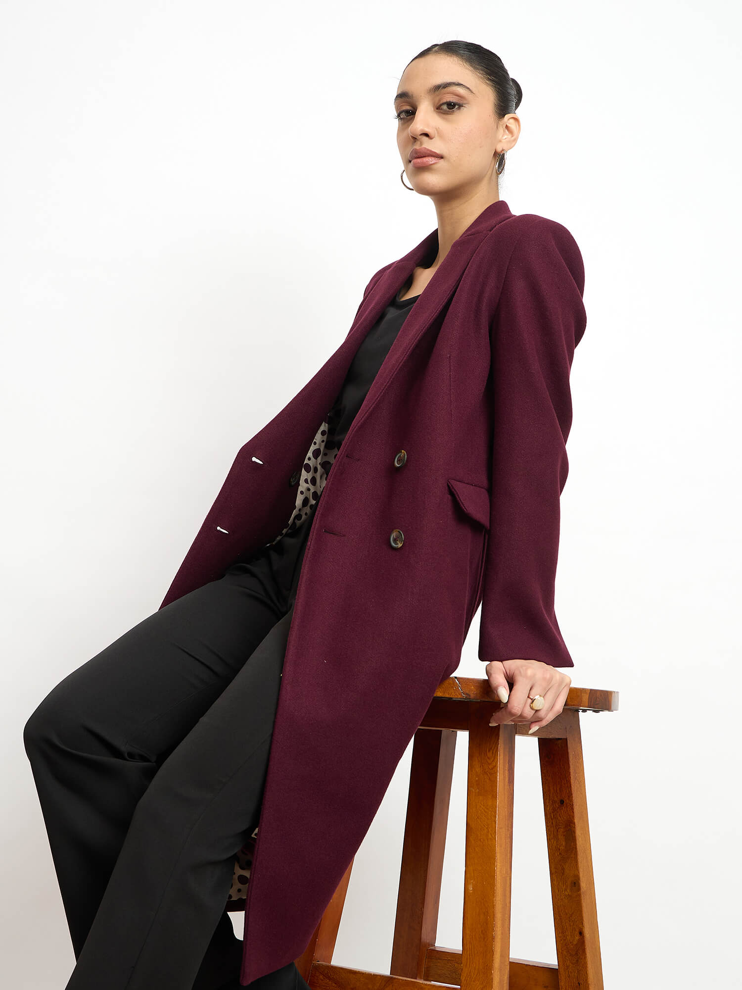 Nevara Double Breasted Longline Belted Coat - Wine