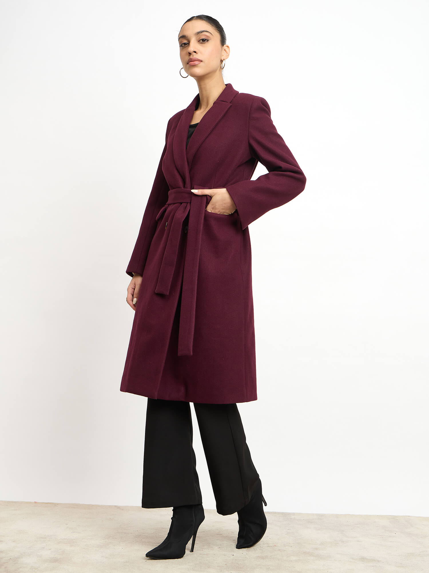 Nevara Double Breasted Longline Belted Coat - Wine