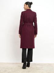 Nevara Double Breasted Longline Belted Coat - Wine