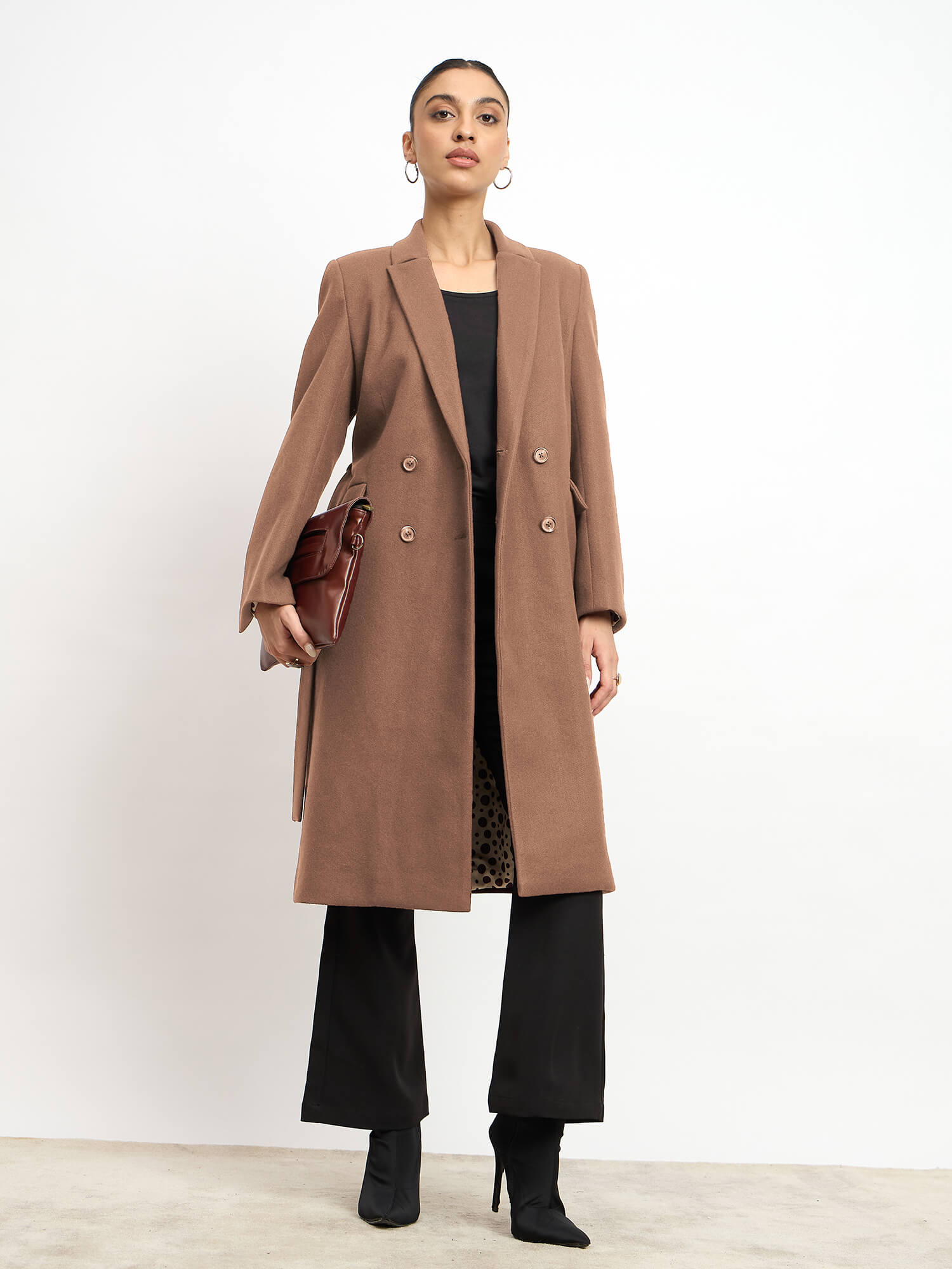 Nevara Double Breasted Longline Belted Coat - Caramel