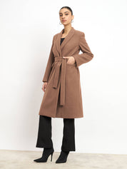 Nevara Double Breasted Longline Belted Coat - Caramel