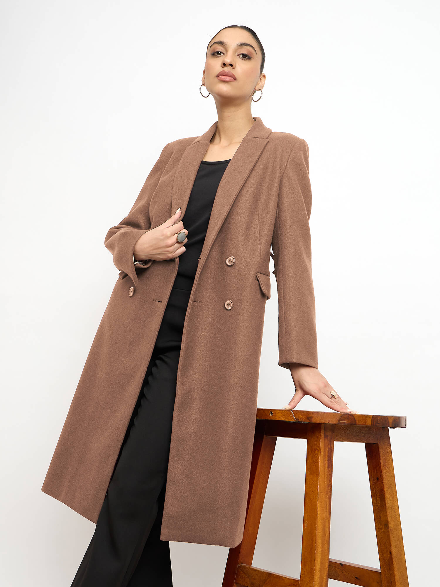 Nevara Double Breasted Longline Belted Coat - Caramel