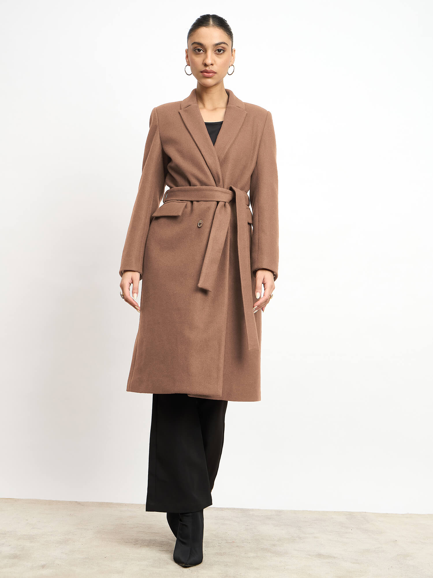 Nevara Double Breasted Longline Belted Coat - Caramel