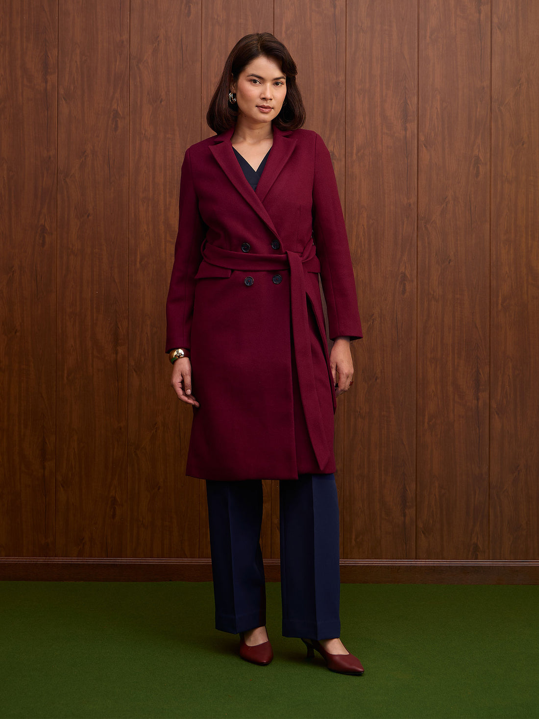 Nevara Double Breasted Longline Belted Coat-Burgundy