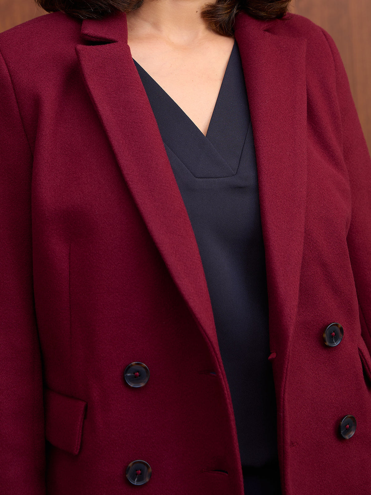 Nevara Double Breasted Longline Belted Coat-Burgundy