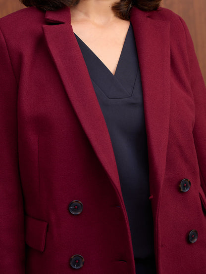 Nevara Double Breasted Longline Belted Coat-Burgundy