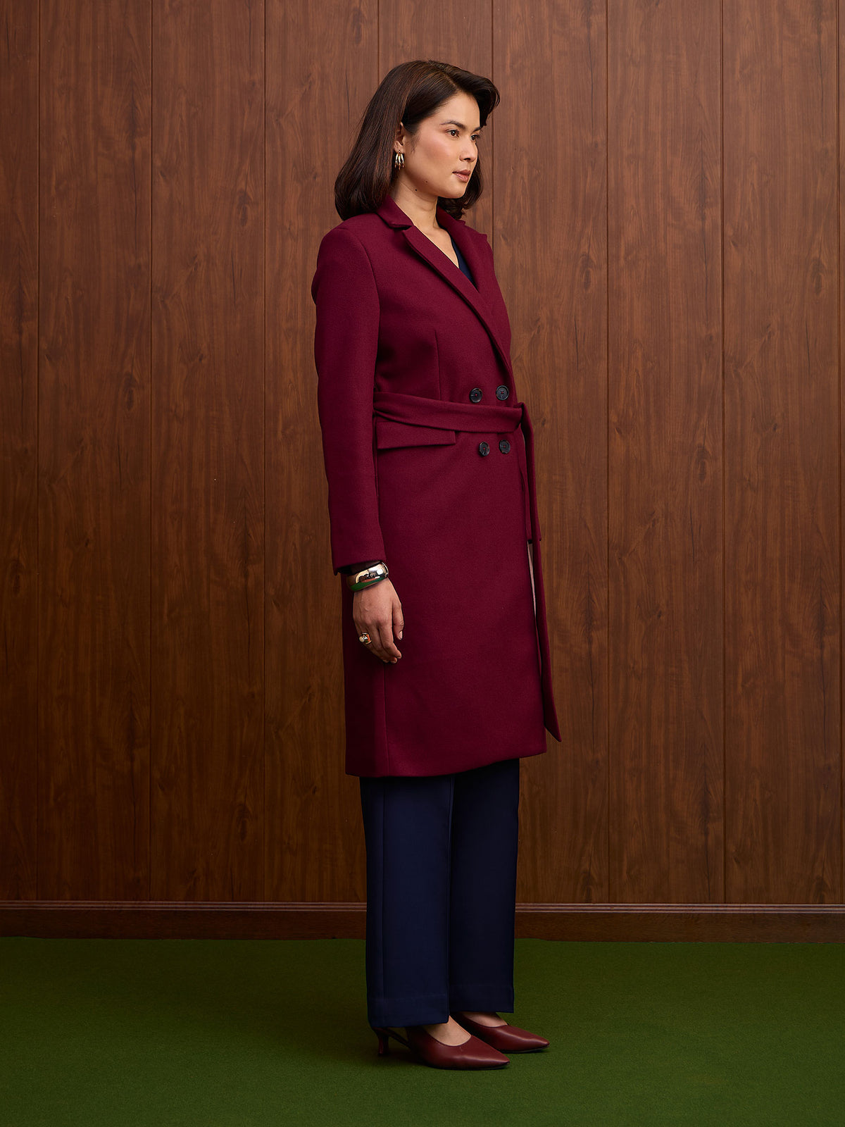 Nevara Double Breasted Longline Belted Coat-Burgundy