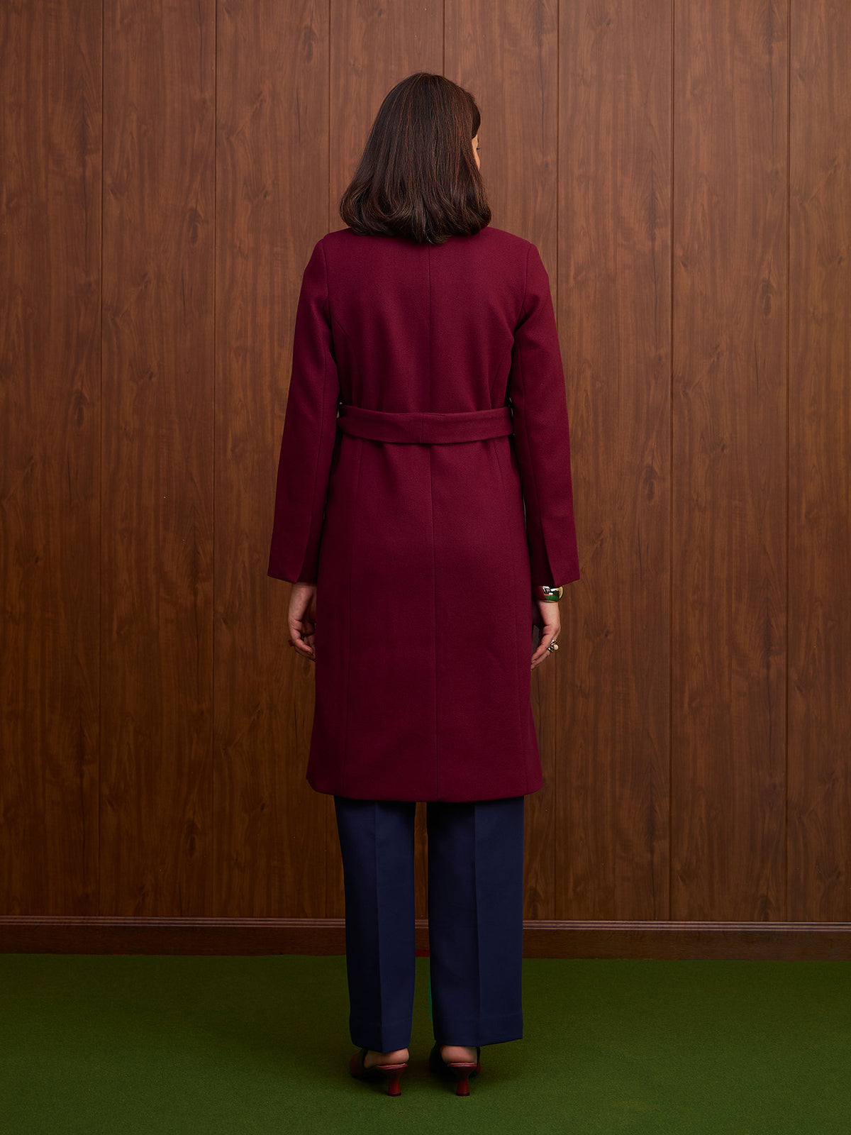 Nevara Double Breasted Longline Belted Coat-Burgundy