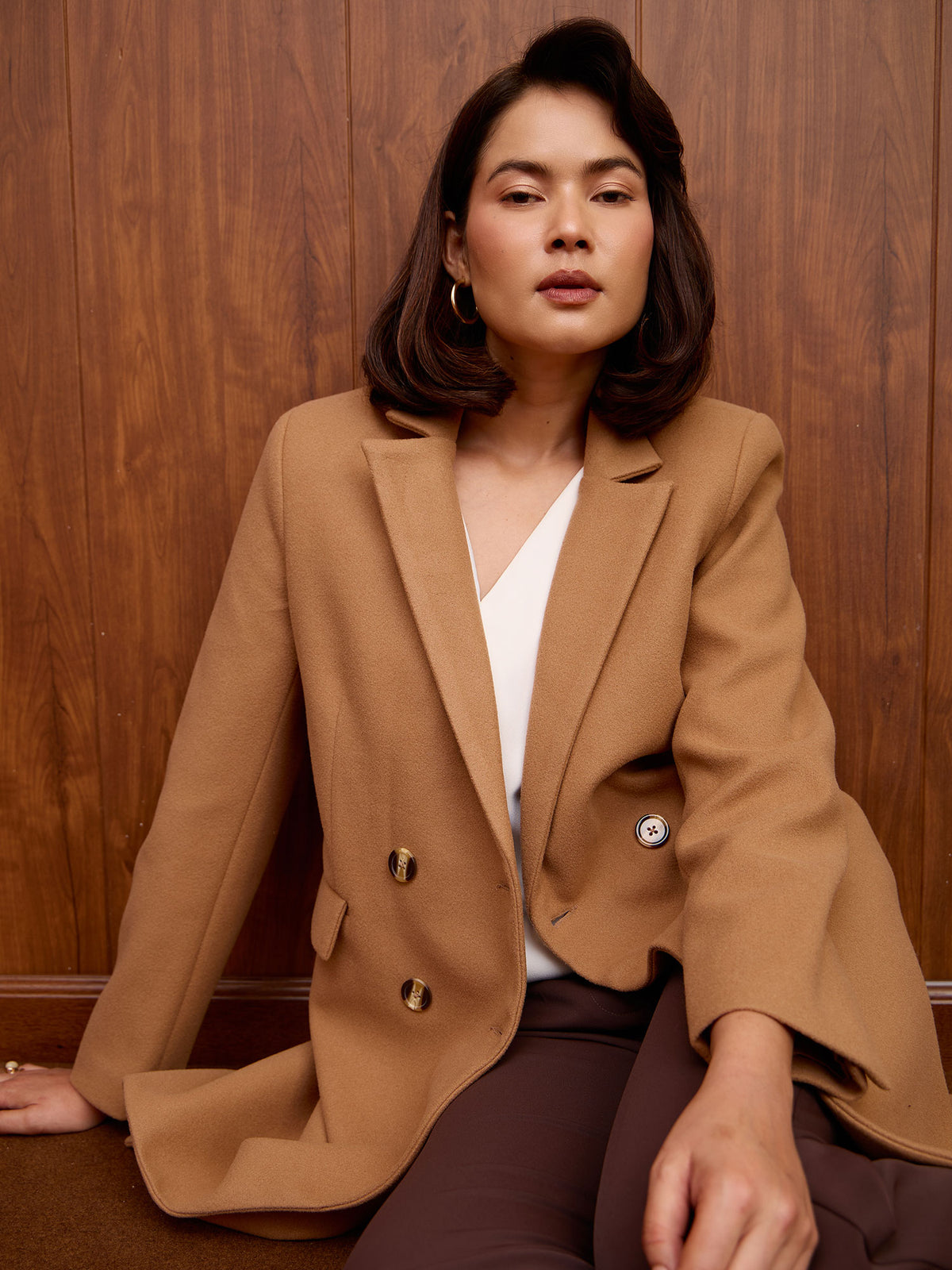 Nevara Double Breasted Longline Belted Coat-Mocha