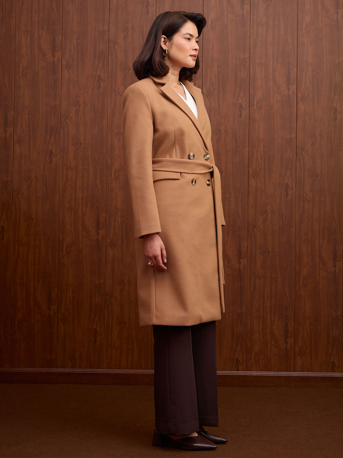 Nevara Double Breasted Longline Belted Coat-Mocha