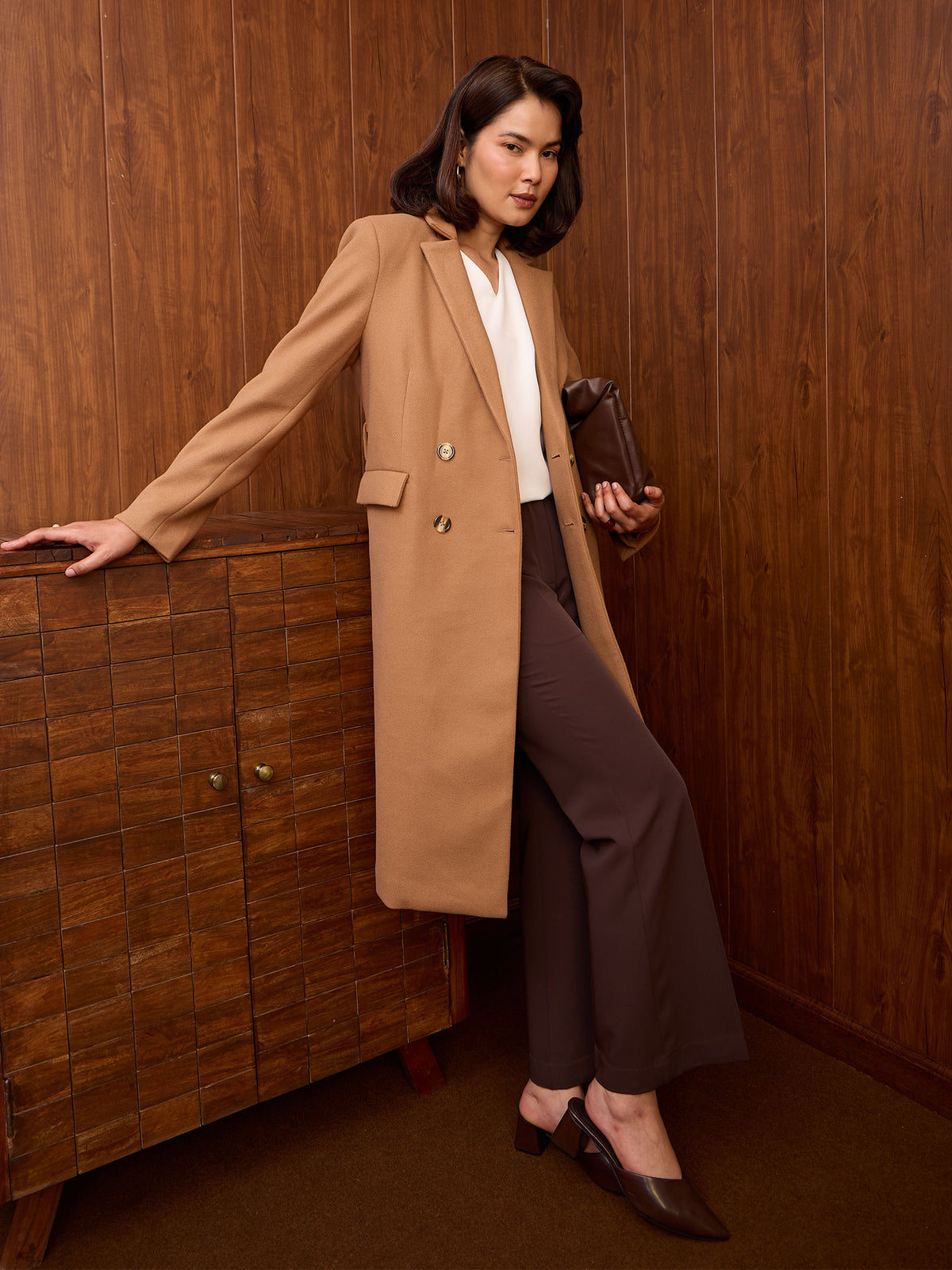 Nevara Double Breasted Longline Belted Coat-Mocha