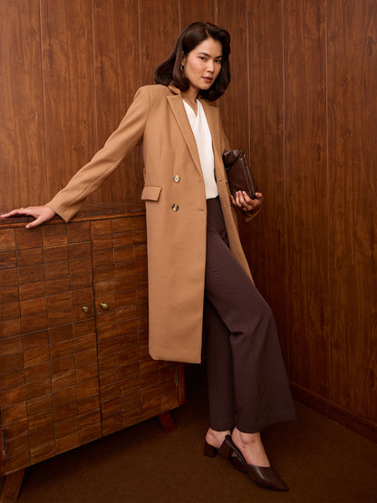 Nevara Double Breasted Longline Belted Coat-Mocha