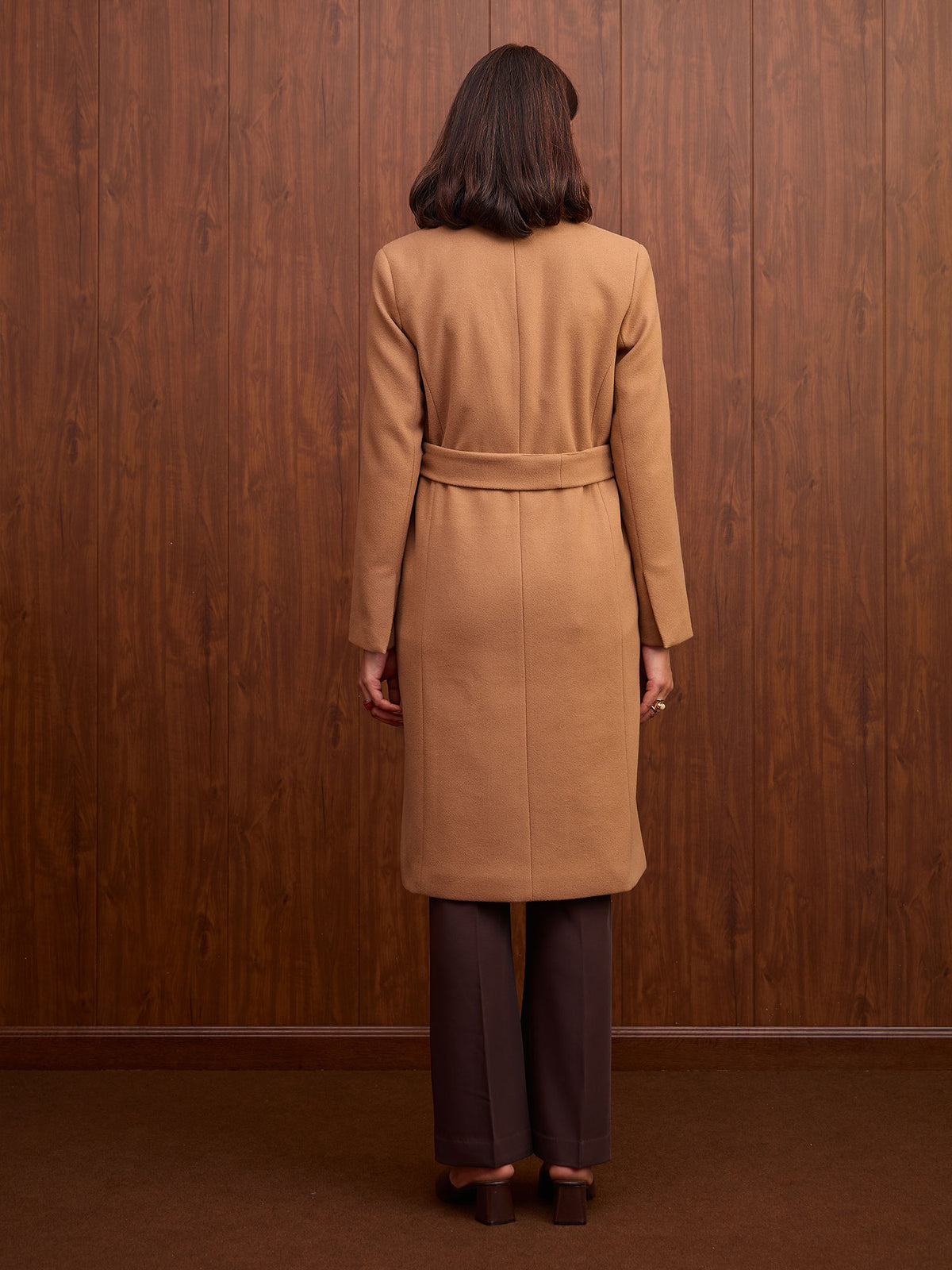 Nevara Double Breasted Longline Belted Coat-Mocha