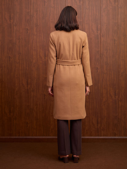 Nevara Double Breasted Longline Belted Coat-Mocha