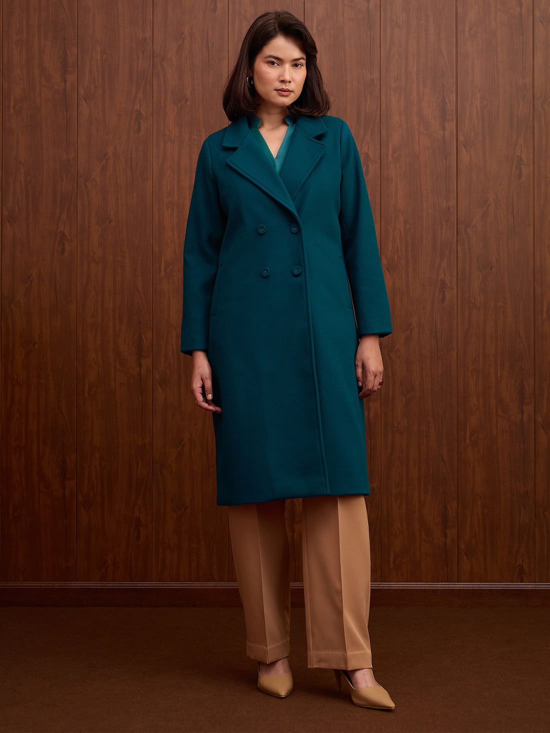 Blake Double Breasted Longline Coat-Teal