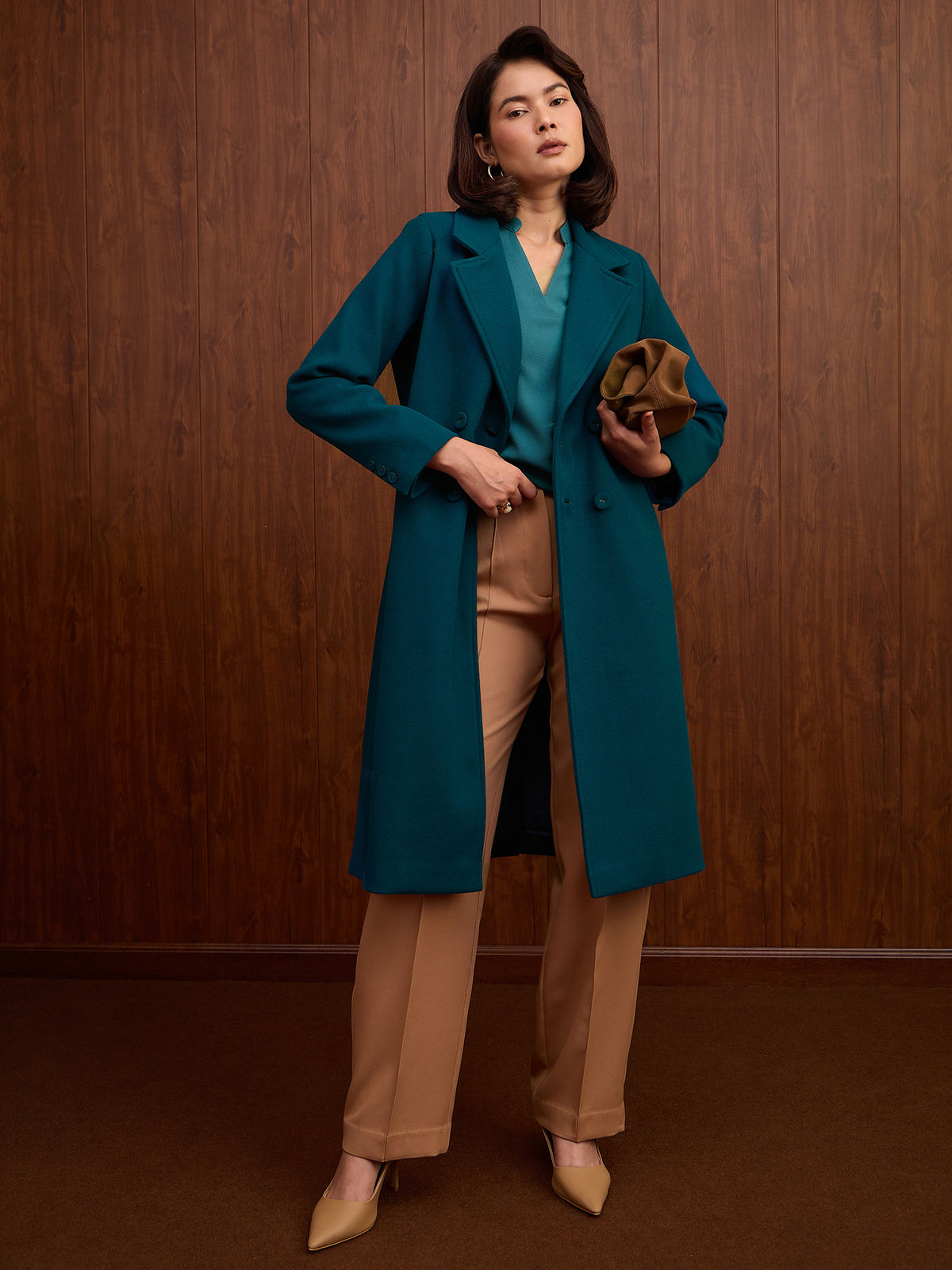 Blake Double Breasted Longline Coat-Teal