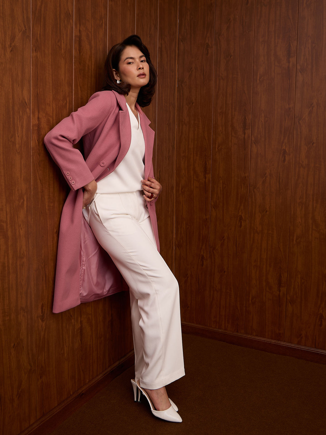 Blake Double Breasted Longline Coat-Blush Pink