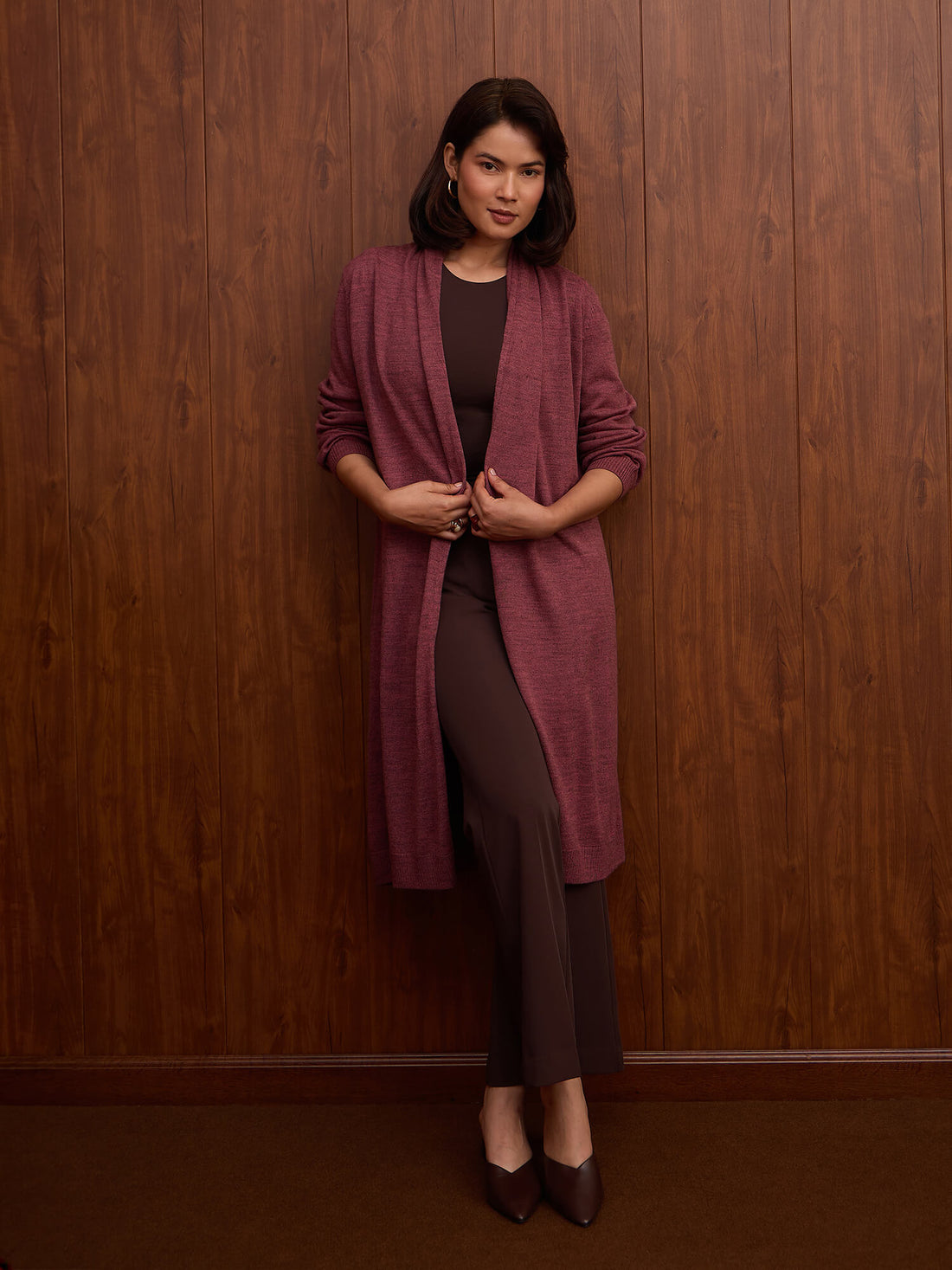 Maven Longline Open-Front Shrug-Plum