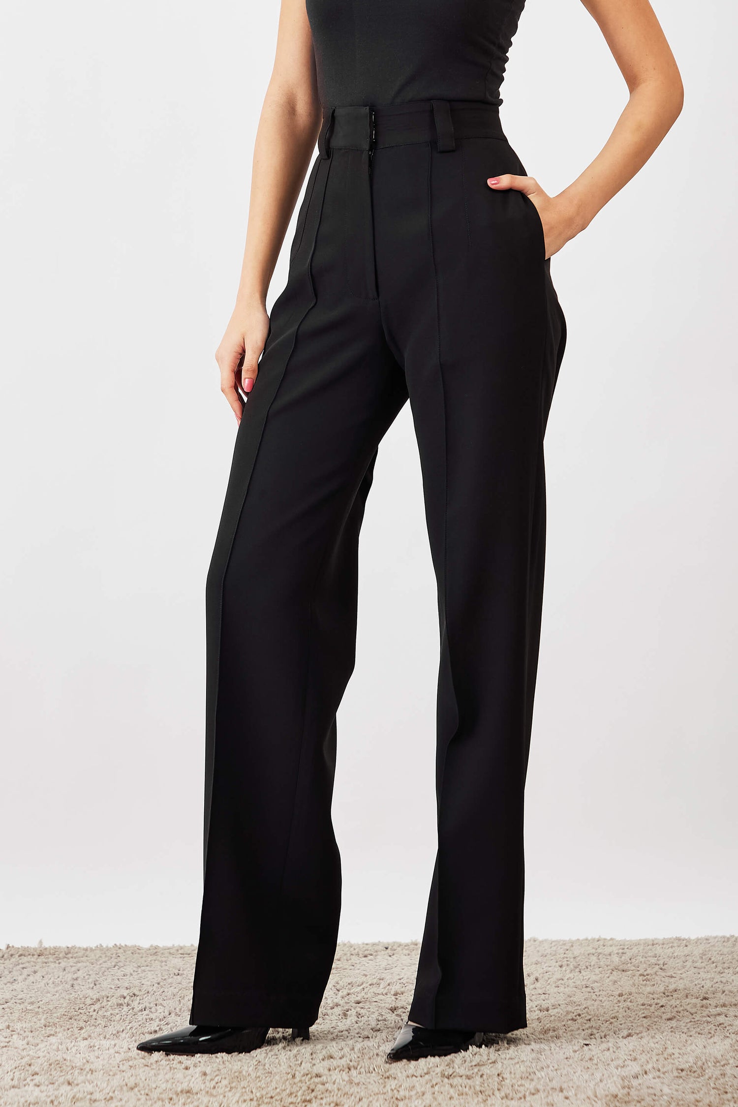 Quaint Straight High Rise Pants-Ink Black