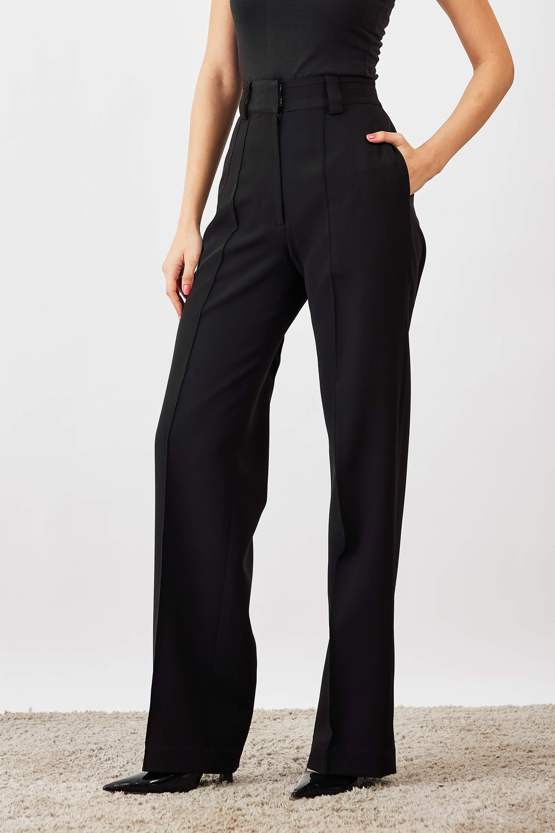 Quaint Straight High Rise Pants-Ink Black