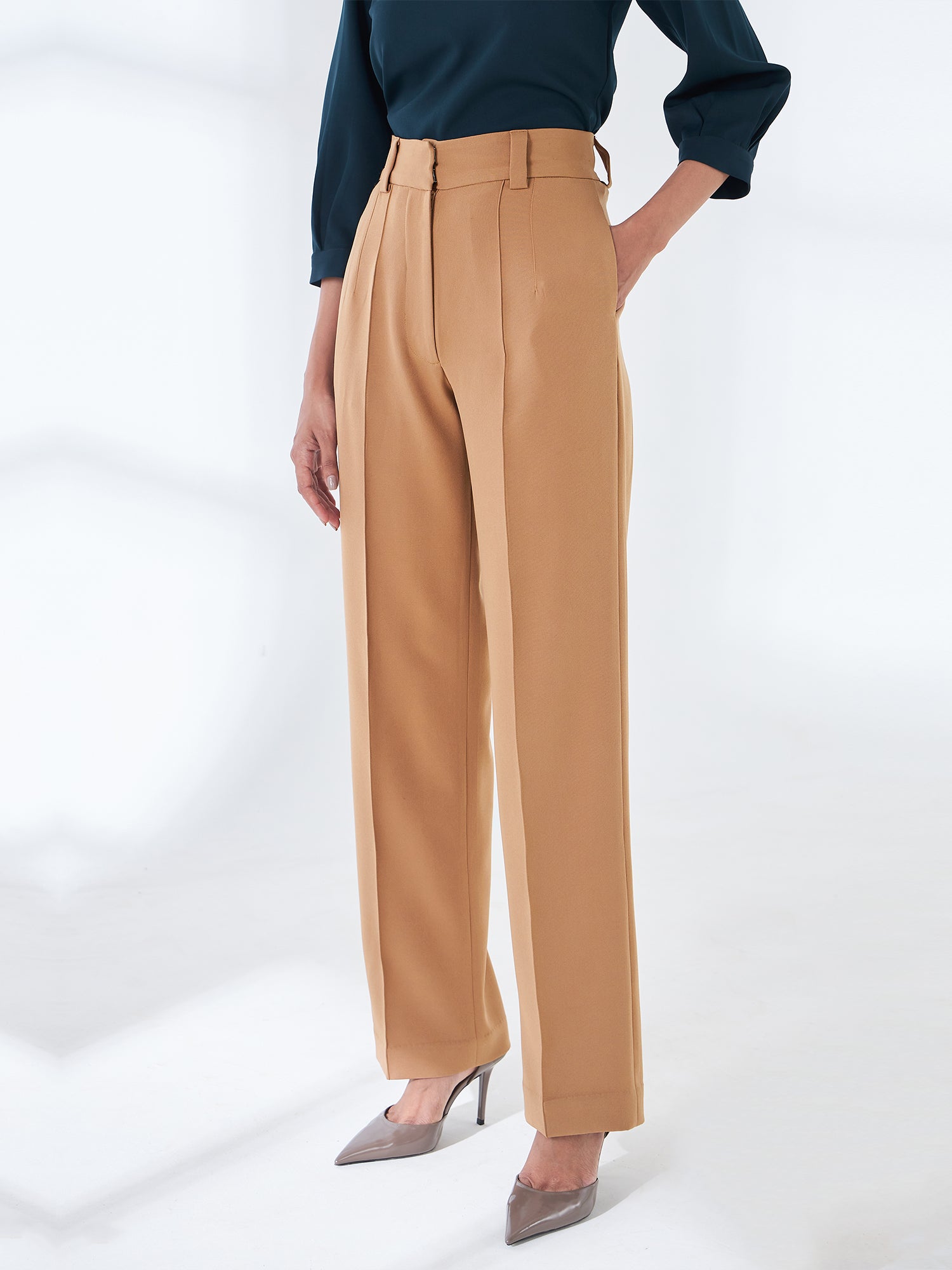 Quaint Straight High Rise Pants-Beige