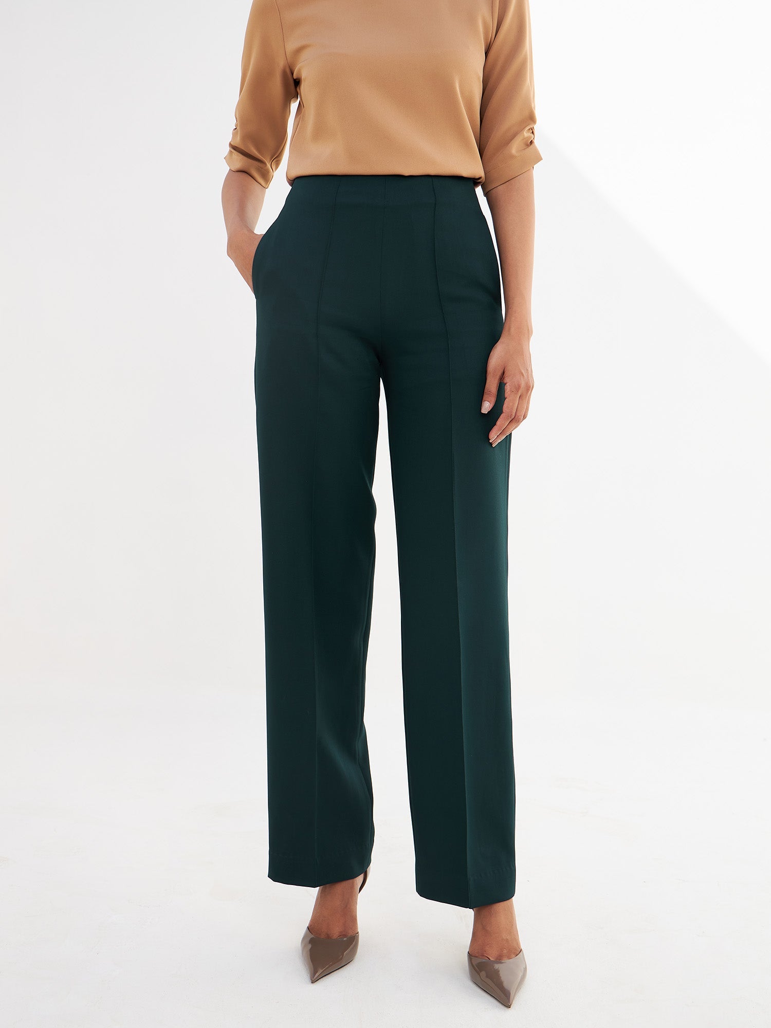 Determined High Rise Straight Trousers-Dark Green