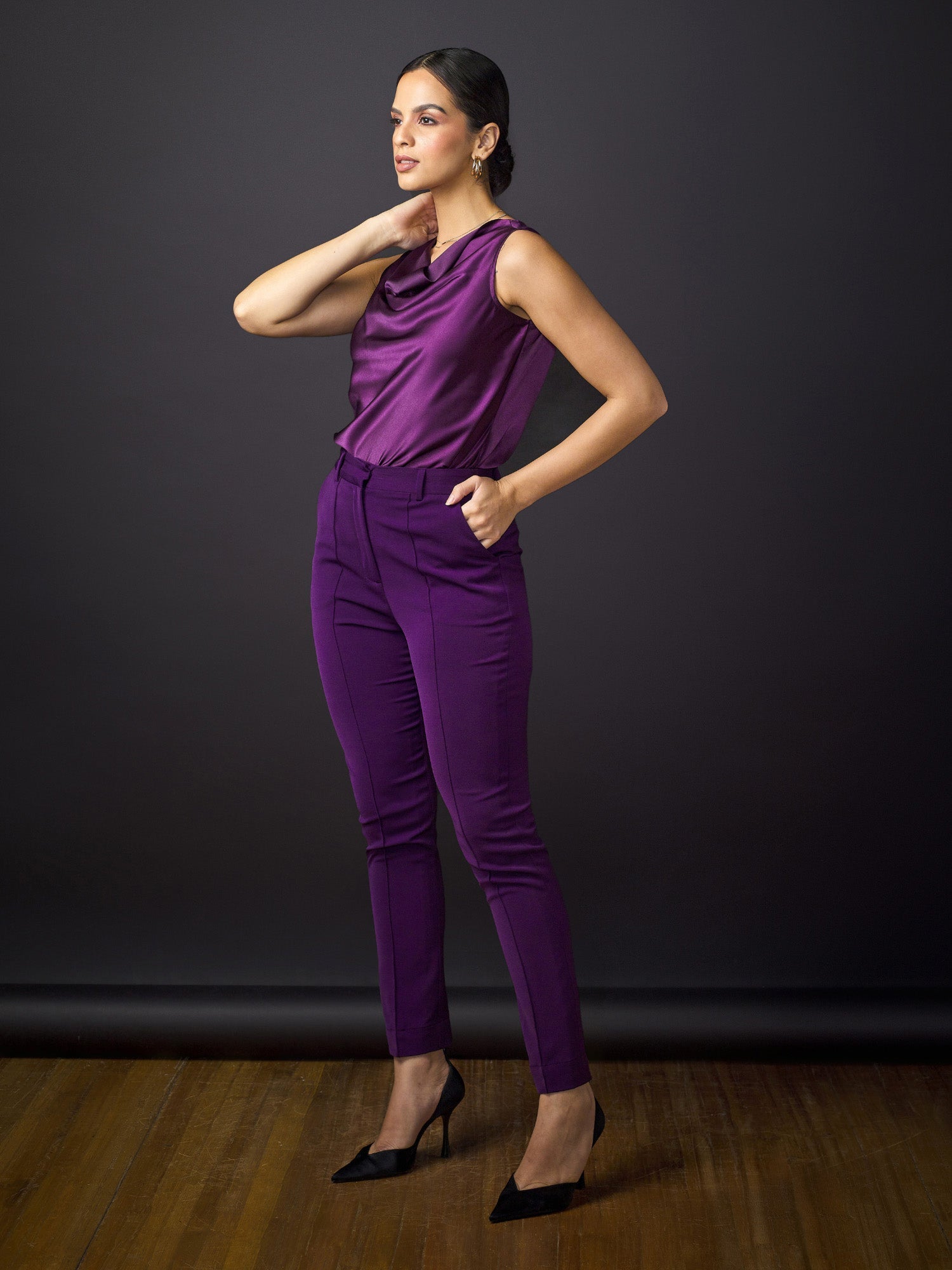 Laura High Rise Creased Trousers-Purple