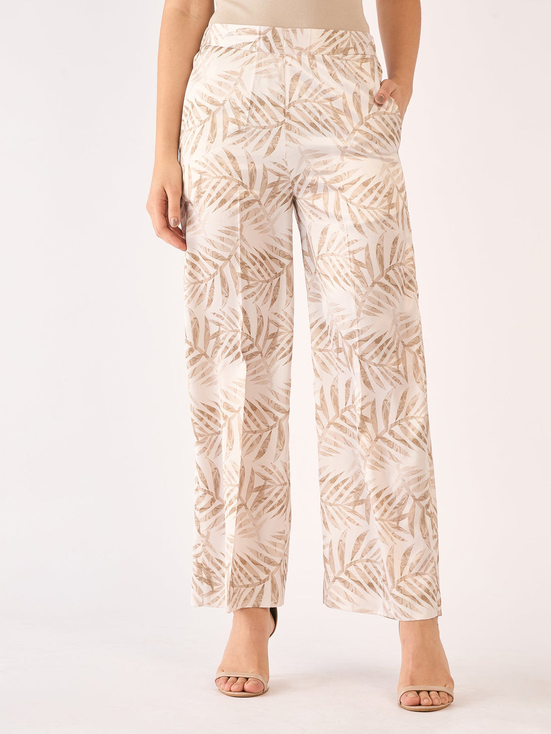 Raphia Tropical Wide Legged Trousers - Beige