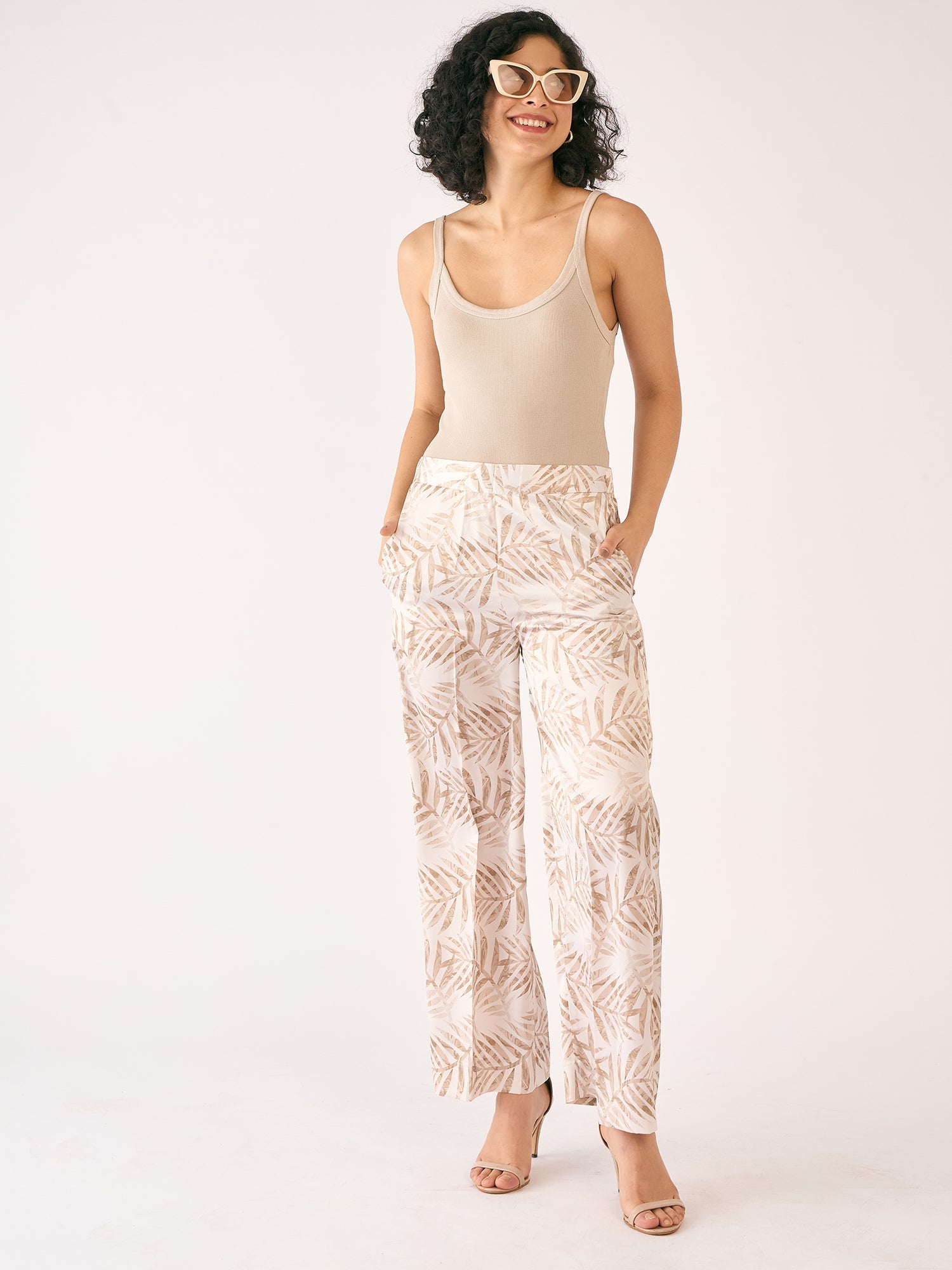 Raphia Tropical Wide Legged Trousers - Beige