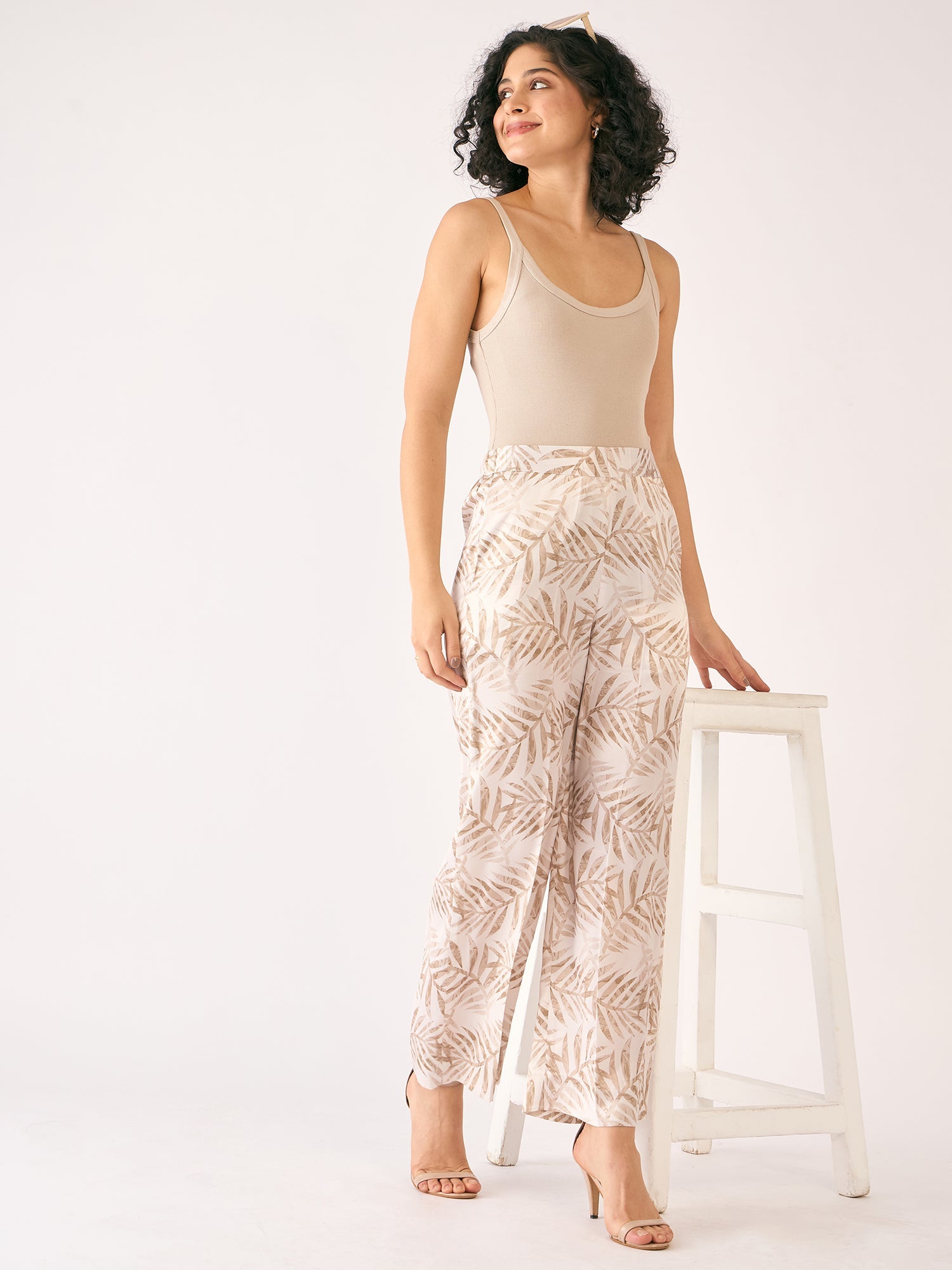 Raphia Tropical Wide Legged Trousers - Beige