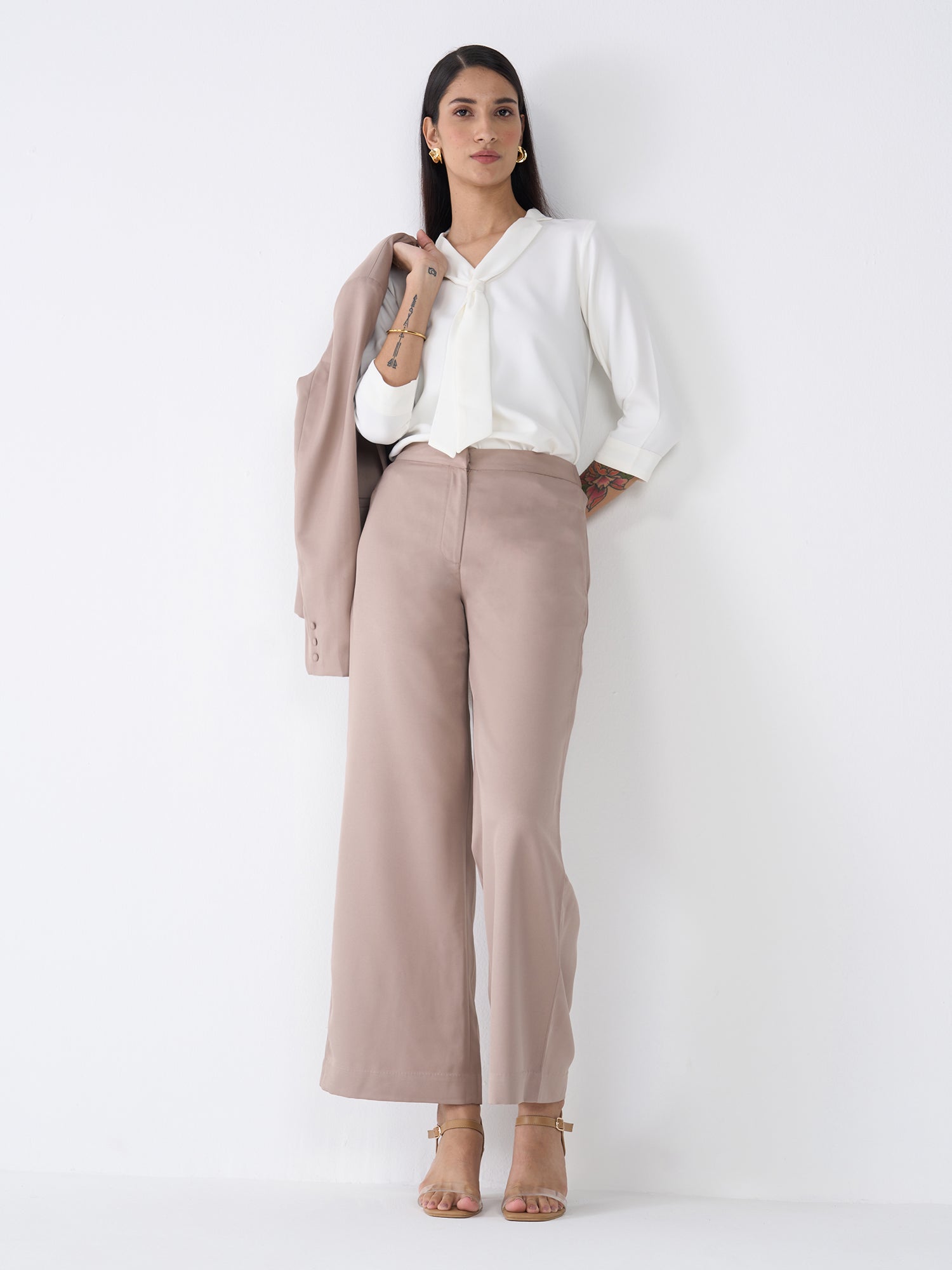 Mercer Mid Rise Wide Legged Trousers-Taupe