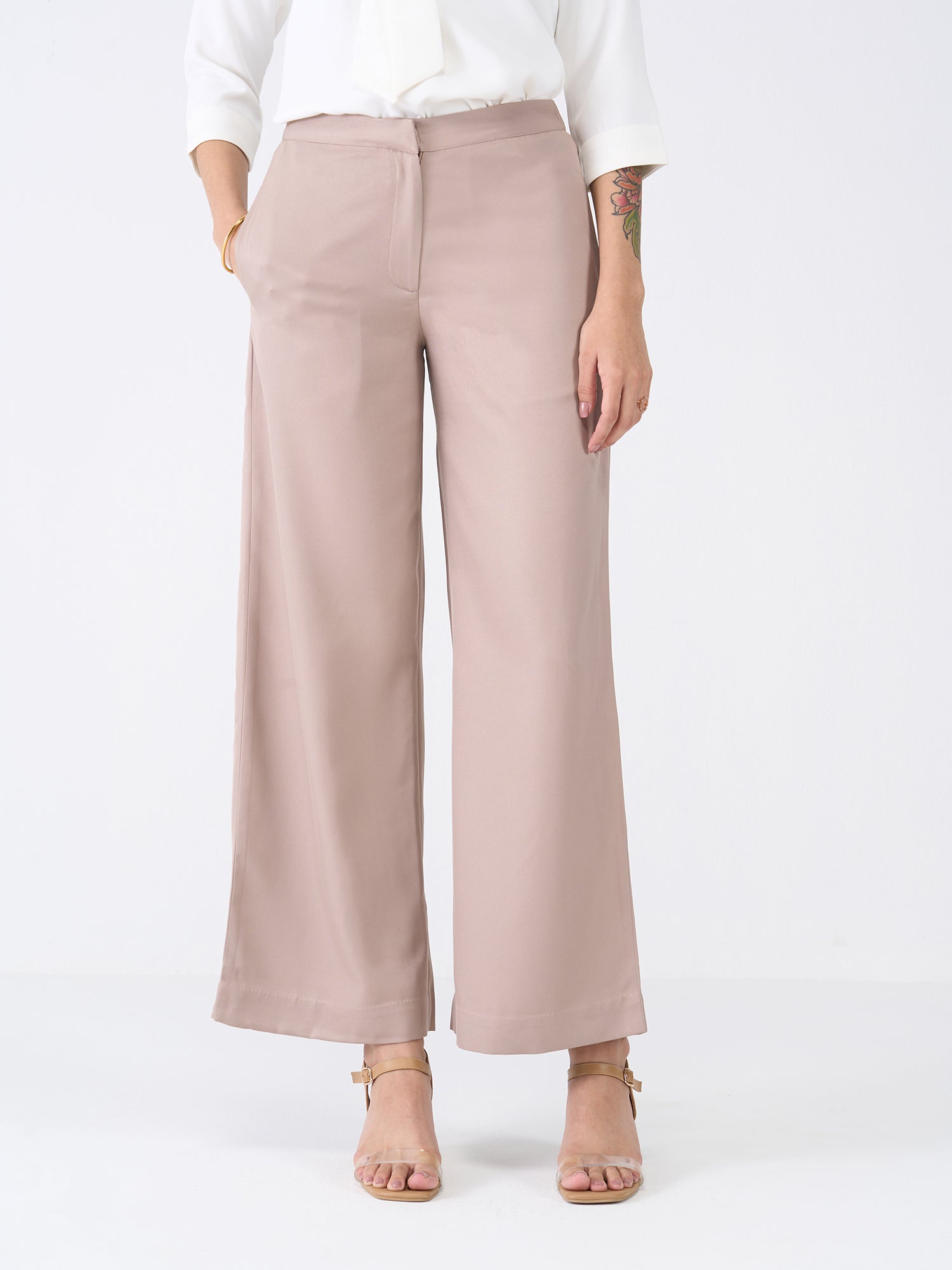 Mercer Mid Rise Wide Legged Trousers-Taupe